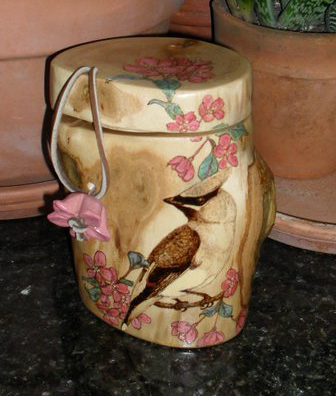 Small Sycamore branch made into a box with a Cedar Waxwing bird image burned on the side.