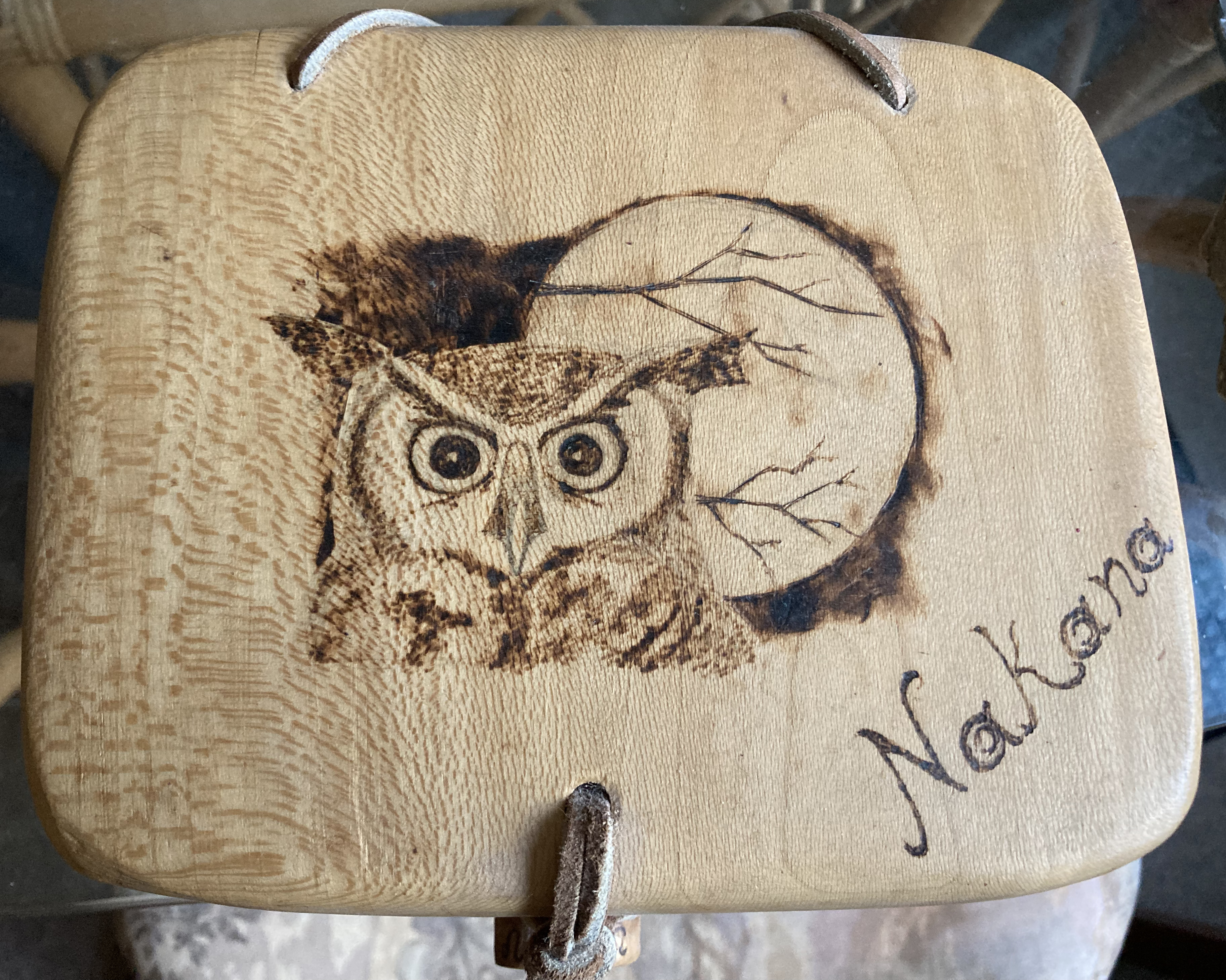 Wooden box with image of an owl burned on the lid.